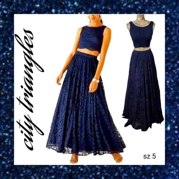 Formal Dark Blue Lace 2 Piece Crop Top Full Maxi Skirt Gown Long Dress Designer - Picture 1 of 15